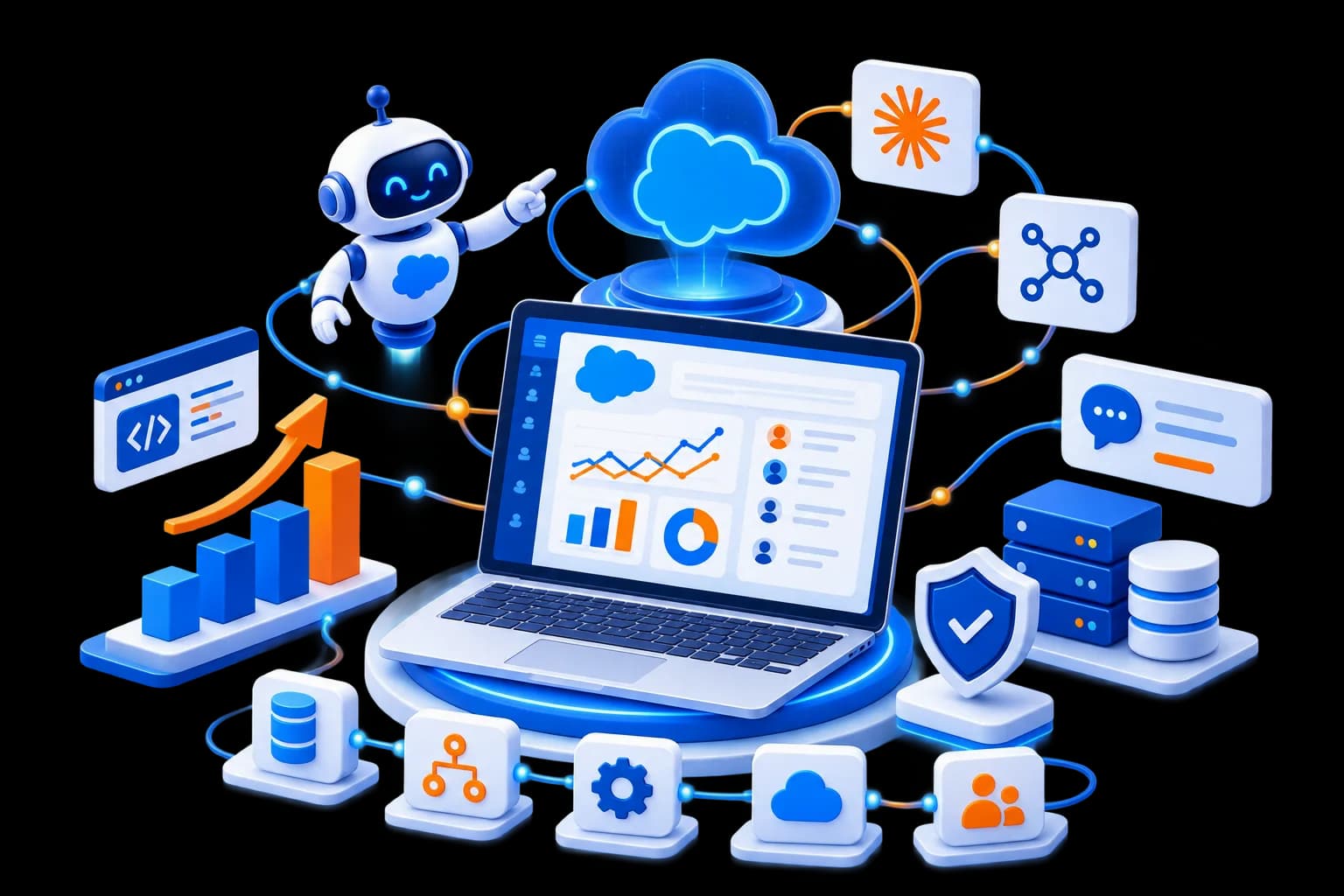 Isometric AI robot and Salesforce cloud connected to a laptop dashboard, workflow diagram, database, and security shield