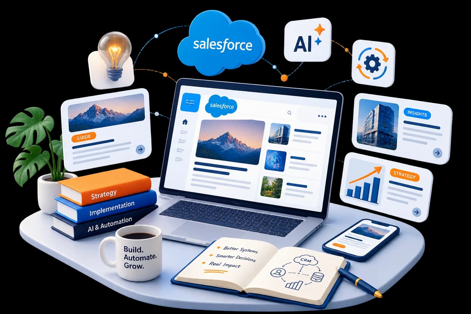 Isometric Salesforce content workspace: a laptop with an article feed, reference guides, strategy and implementation books, and connected insight cards