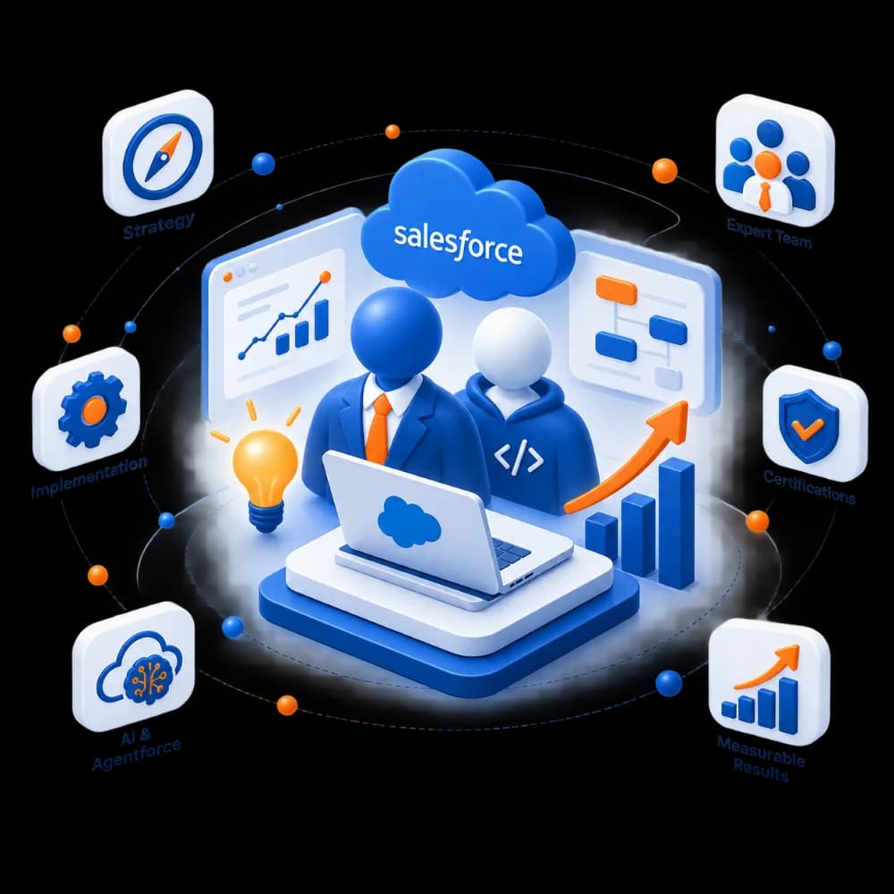 Illustration of an Omnivo team pairing on a Salesforce build, ringed by strategy, implementation, certifications and results markers