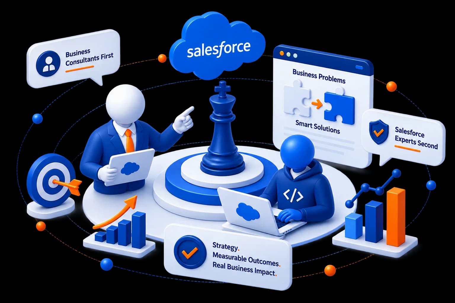 Two consultants working around a Salesforce cloud, chess piece and dashboards, illustrating business strategy paired with technical delivery