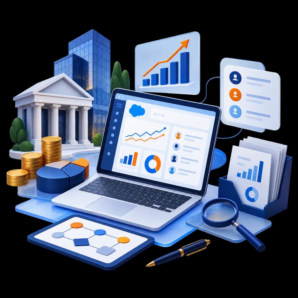Isometric Salesforce financial services dashboard with a bank building, growth chart, client records, and portfolio reports