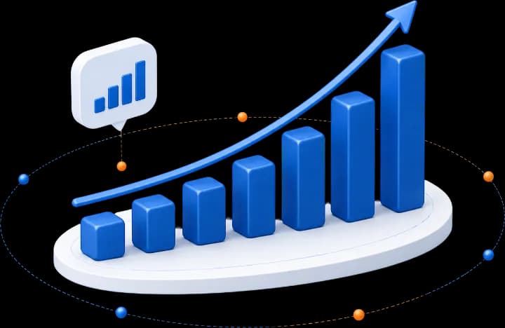 Blue rising line chart with bar chart, target, and pie chart icons, illustrating Unison's 10x growth enablement.