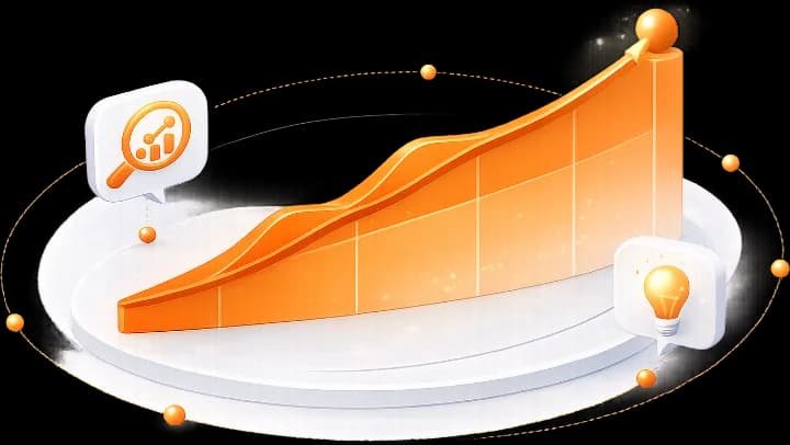 Orange ascending performance chart with analytics and lightbulb icons, illustrating Metroll's 250% ROI.