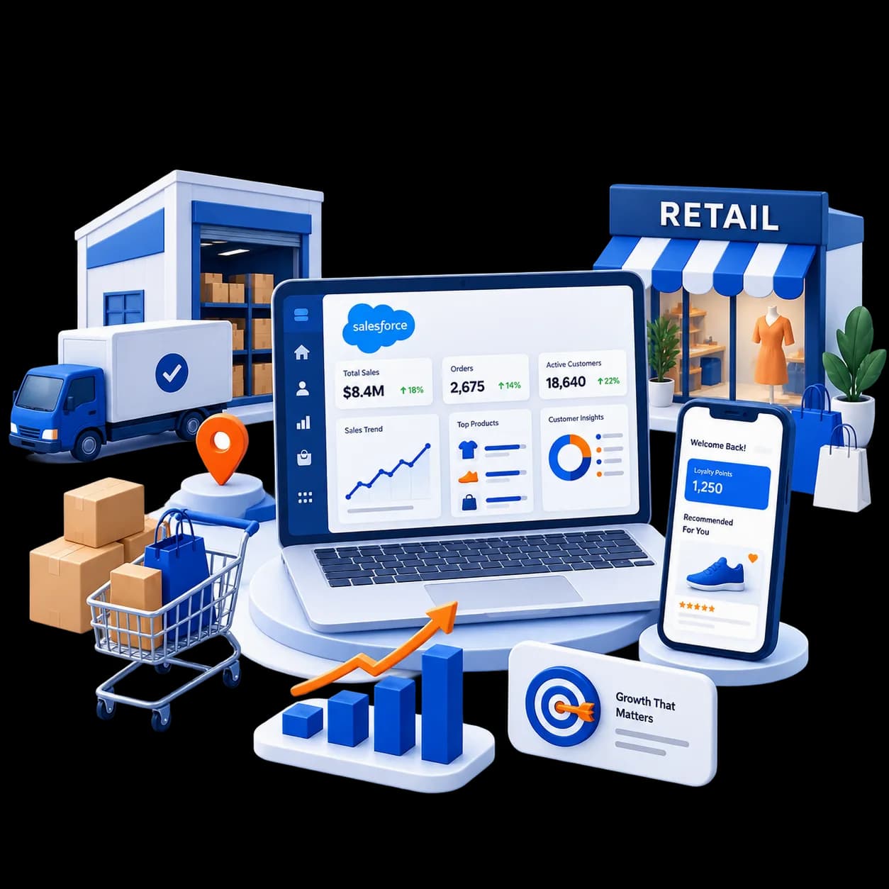 Isometric retail scene: storefront, delivery van, warehouse and a Salesforce dashboard showing sales, orders and active customers