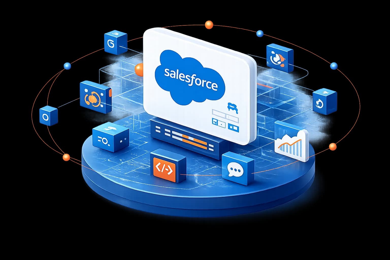 Isometric Salesforce platform surrounded by connected cloud, automation, analytics and messaging modules