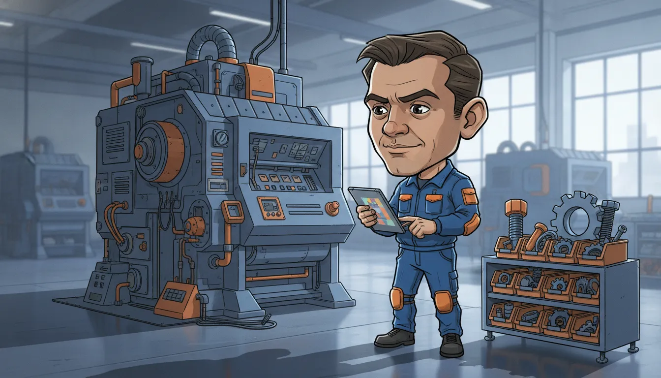 Technician reviewing a mobile field service work order at a manufacturing site