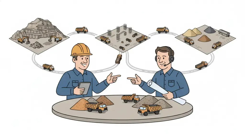 Field sales and dispatch managers coordinating aggregate material delivery routes