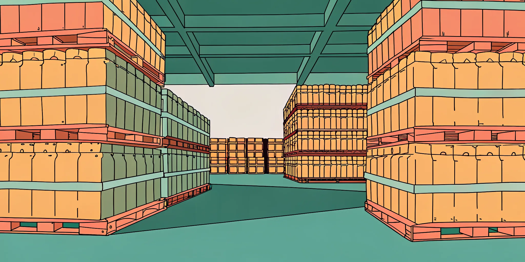 Beverage distribution warehouse with stacked pallets and modern logistics equipment
