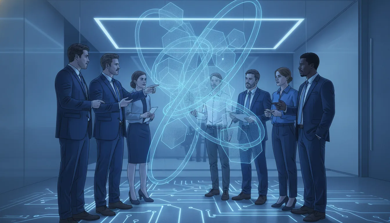 Financial services team planning secure data connections
