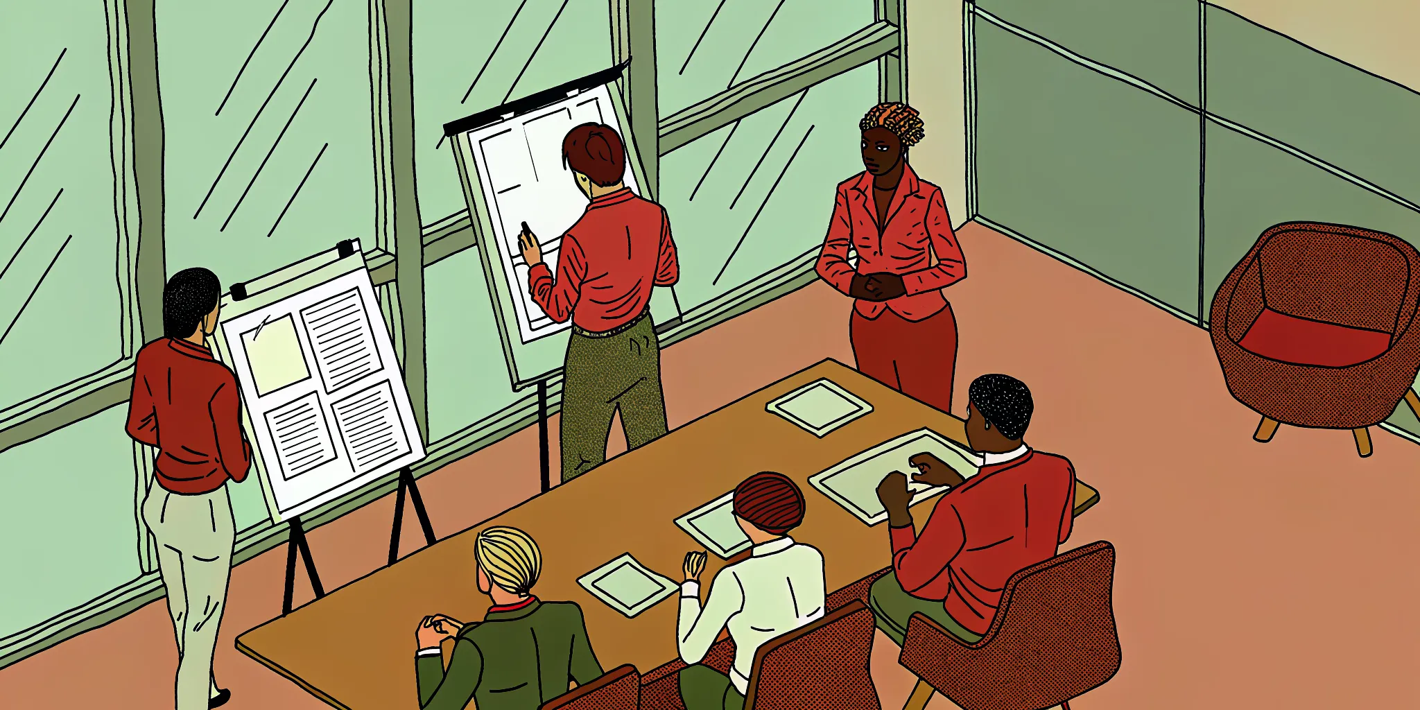 A business consultation team in a modern office planning a CRM implementation roadmap