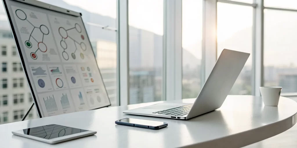 Office desk with a laptop and a board showing a CRM implementation plan.