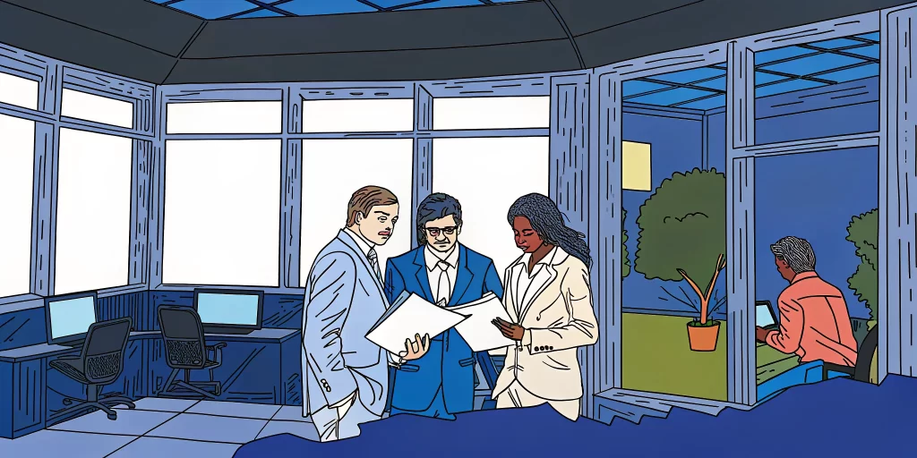 Financial services executives and a Salesforce consultant reviewing documents in a modern office
