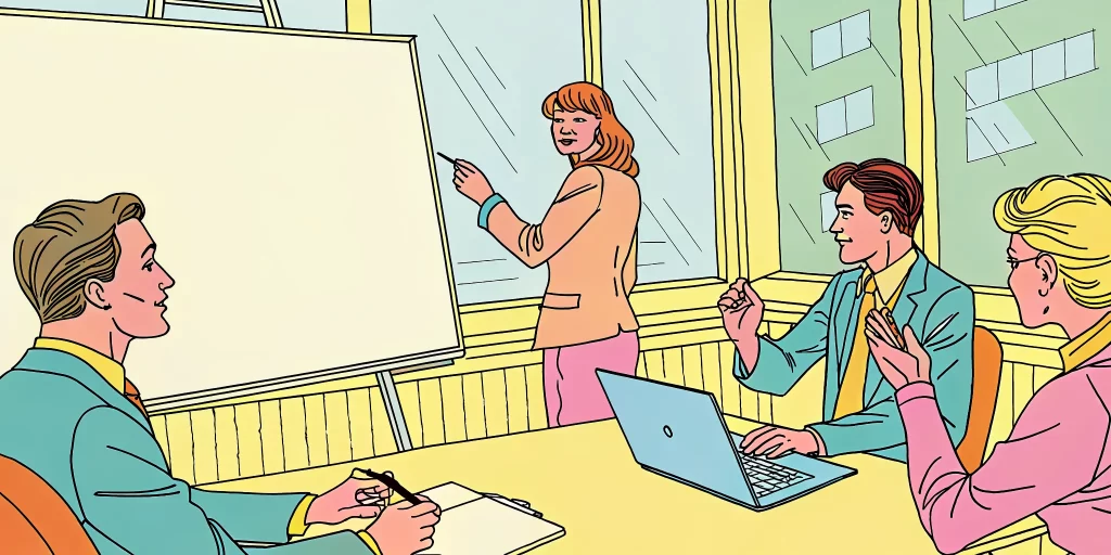 Business executives and a Salesforce consultant reviewing a strategic implementation roadmap on a whiteboard