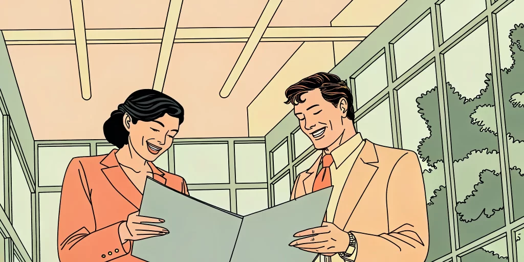 Two business consultants reviewing strategy documents in a modern glass-walled office discussing digital transformation plans