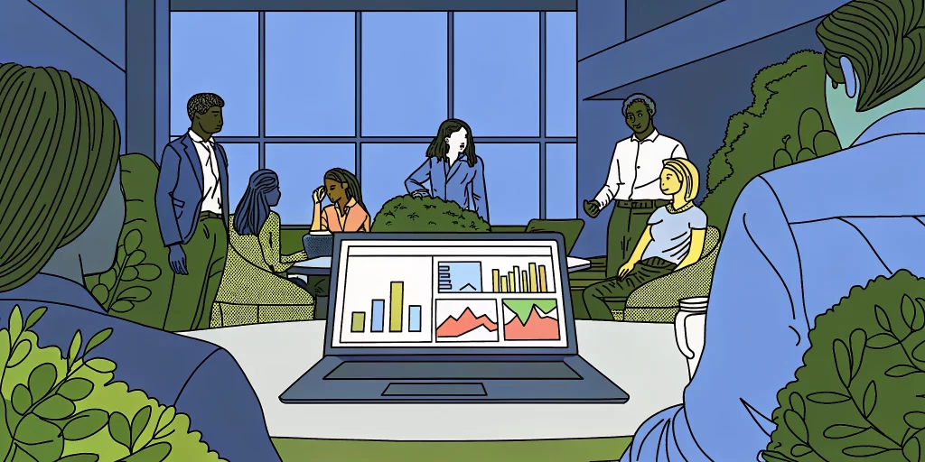 A diverse team of professionals collaborating around a Salesforce CRM dashboard