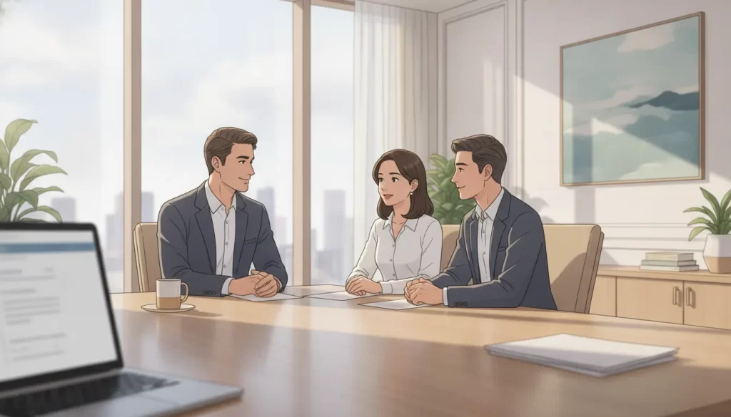 Wealth management advisor meeting with a client couple in a modern advisory office
