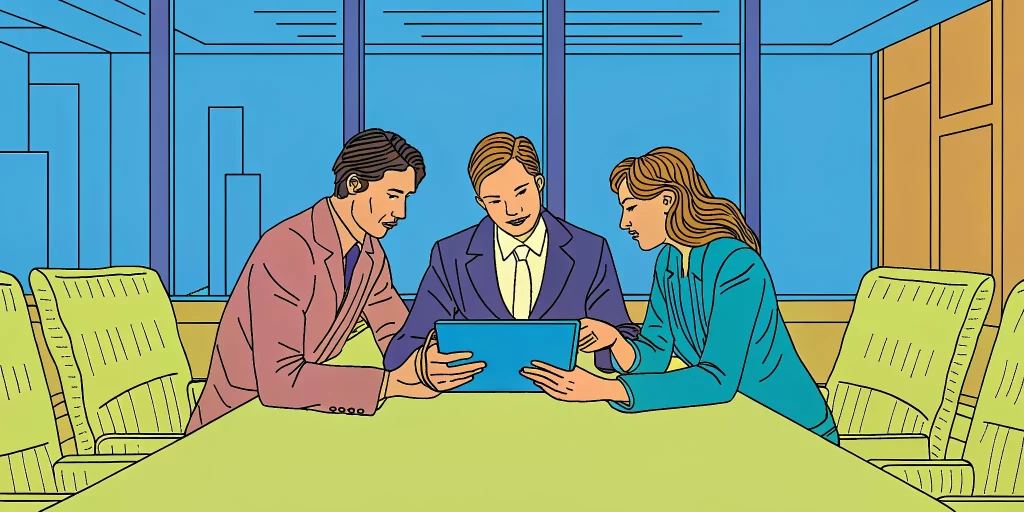 Salesforce consultants and business executives collaborating in a modern office, reviewing a strategic dashboard together