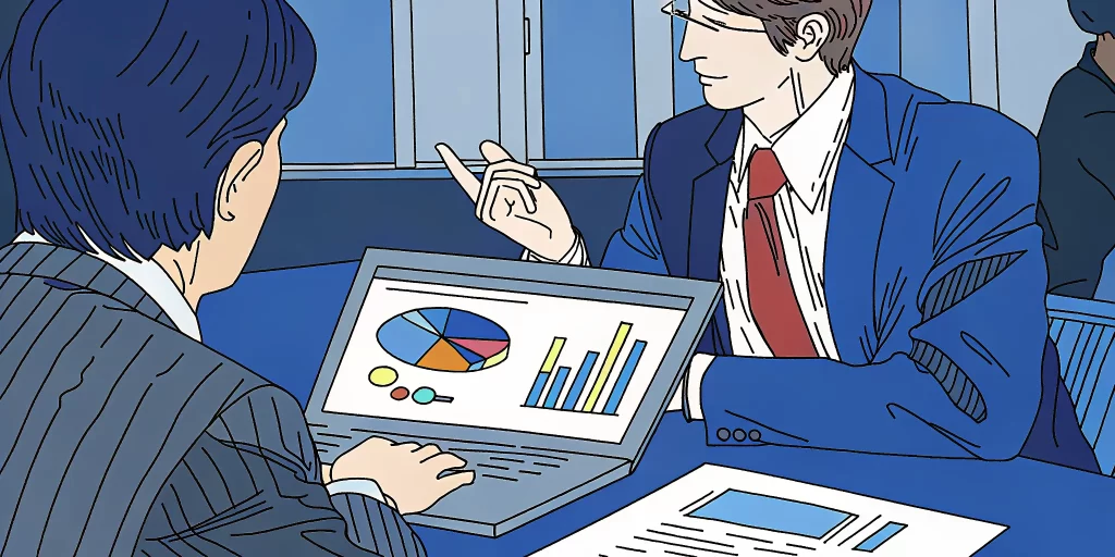 Salesforce consultants reviewing business performance results at a modern office