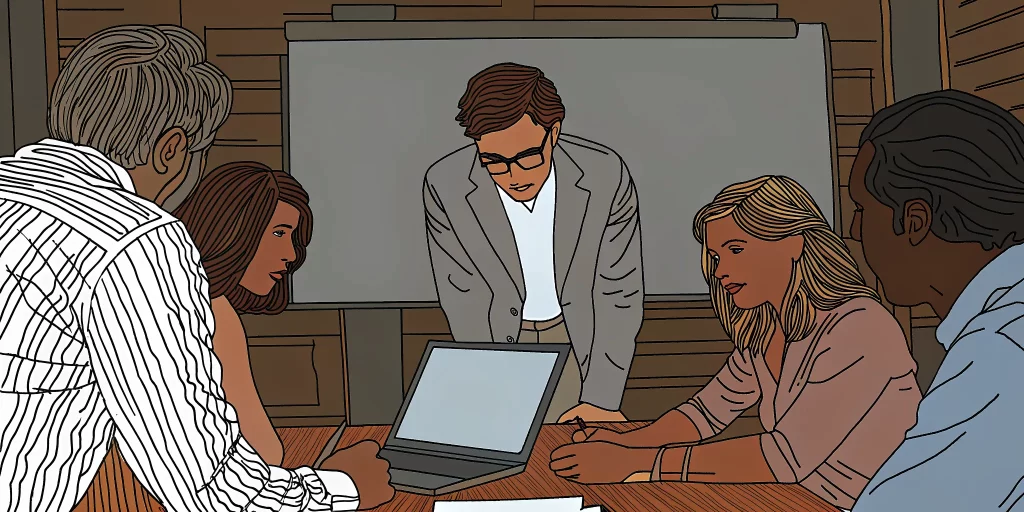 Mid-market sales team collaborating around a Salesforce dashboard in a modern office